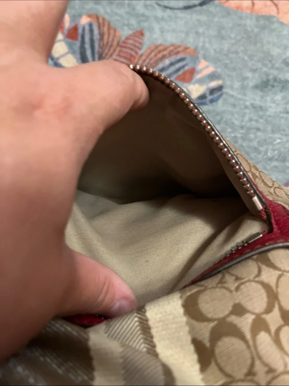 Coach Brown Signature Hobo Bag with Red Leather Trim